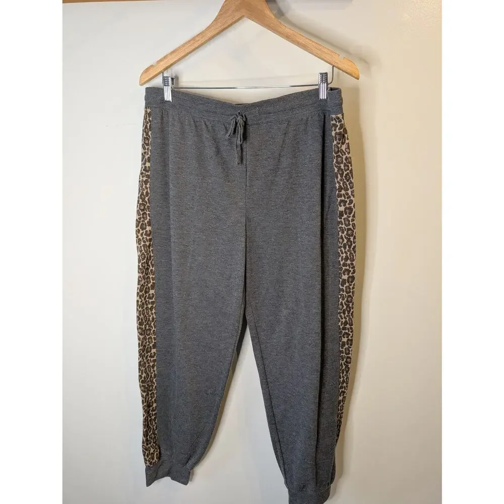 Splendid Womens Fleece Stretch Pajama Pants Lively Leopard Print Gray Size Large